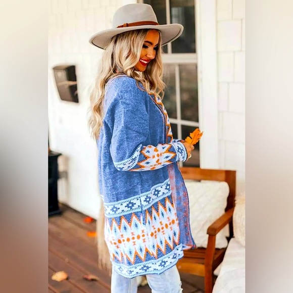 Cardigan Aztec Sweater ~ Long Sleeve Tribal Print Wool Knit Open Front in Blue - Picture 13 of 16
